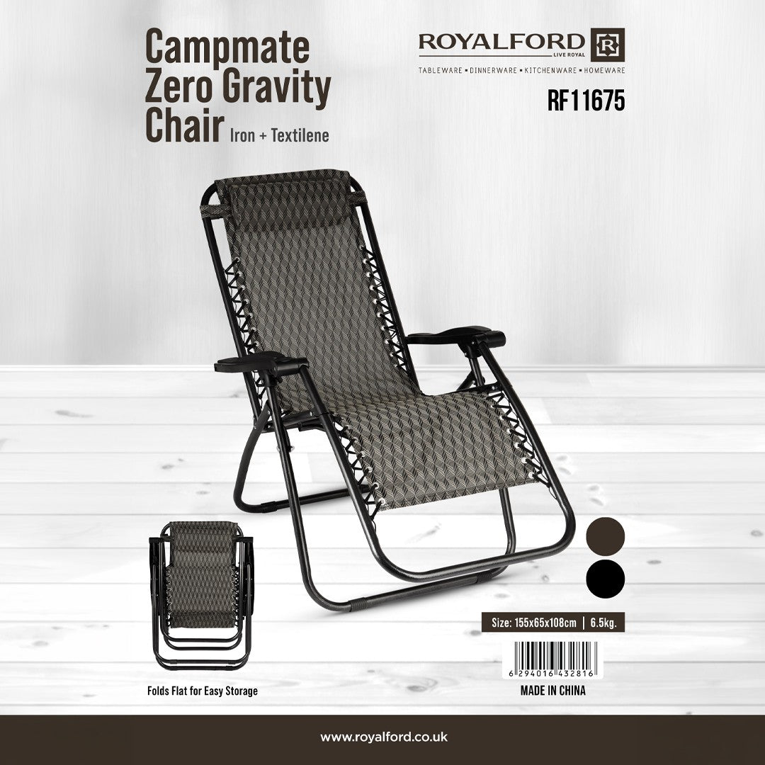 Royalford RF11675 Campmate Zero Gravity Chair | Iron Frame and Textilene Fabric | Foldable Reclining Chair for Outdoor Camping, Garden, Patio and Relaxation Use