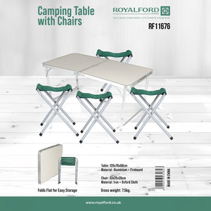Royalford RF11676 Camping Table with Chairs | Foldable Outdoor Table Set with Aluminium Fireboard Top| Portable Design, Storage Friendly, Ideal for Camping & travel.