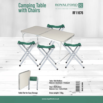 Royalford RF11676 Camping Table with Chairs | Foldable Outdoor Table Set with Aluminium Fireboard Top| Portable Design, Storage Friendly, Ideal for Camping & travel.