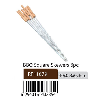 Royalford RF11679 BBQ Square Skewers 6pcs | 40cm Stainless Steel Grill Sticks with Wooden Handle | Durable Reusable Barbecue Skewers Set for Kebabs, Meat & Vegetables