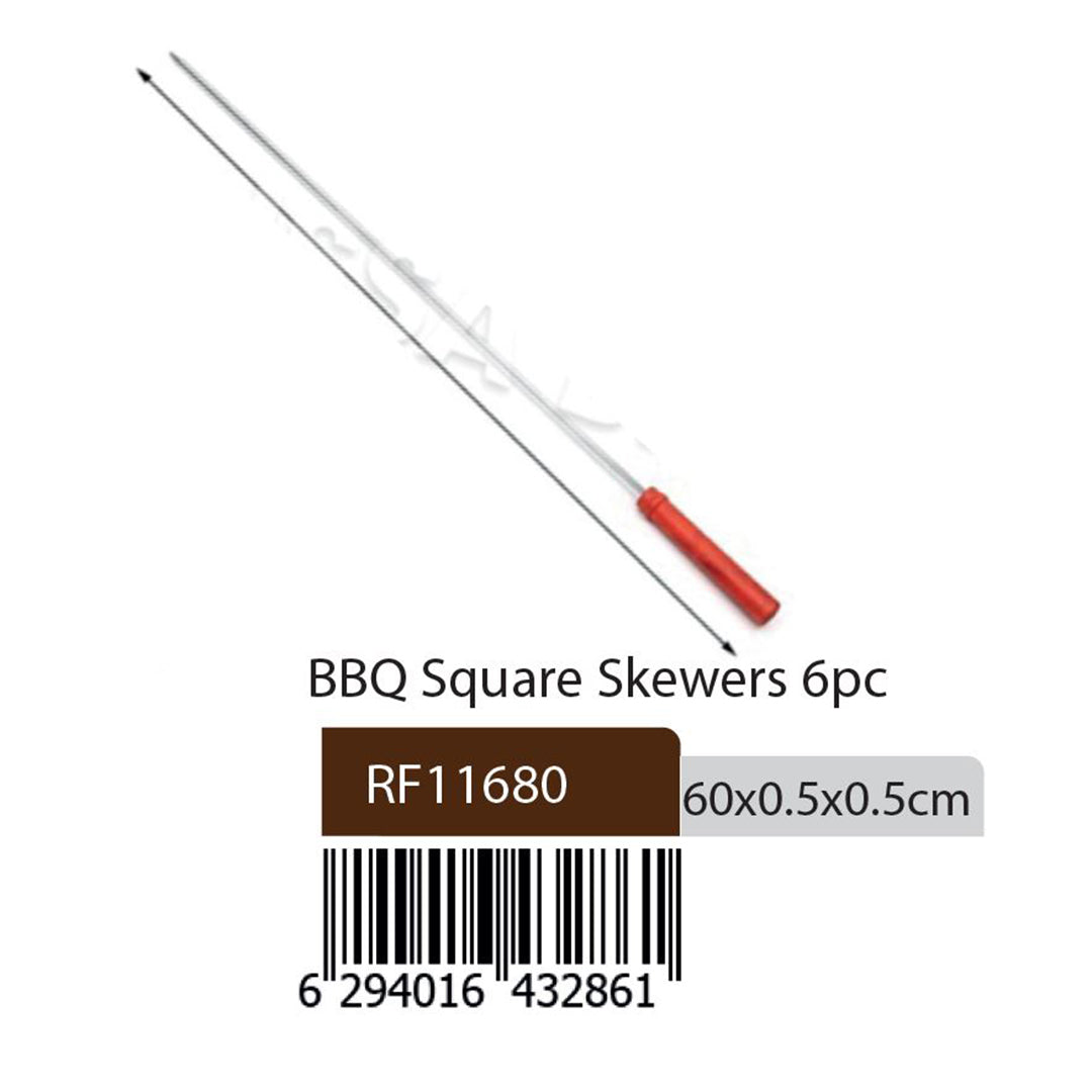 Royalford RF11680 BBQ Square Skewers | 6PCS Stainless Steel 60cm Heavy Duty Grilling Skewer Set | Heat Resistant Handle for BBQ, Meat & Vegetables Outdoor Grill Cooking