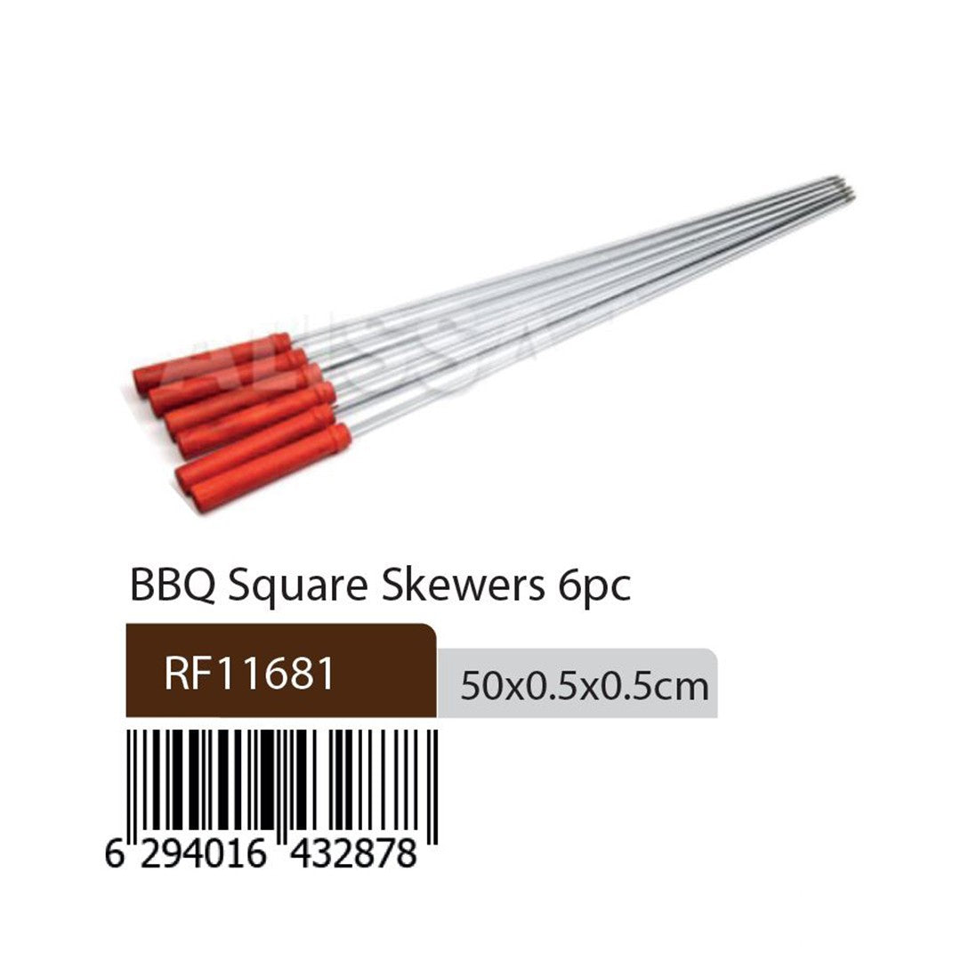Royalford RF11681 BBQ Square Skewers | 6 Pcs Stainless Steel Barbecue Grill Skewers | Heat Resistant Handle | Reusable Metal Kebab Skewers for Meat, Vegetables & Grilling