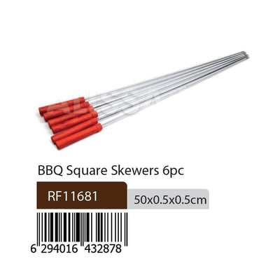 Royalford RF11681 BBQ Square Skewers | 6 Pcs Stainless Steel Barbecue Grill Skewers | Heat Resistant Handle | Reusable Metal Kebab Skewers for Meat, Vegetables & Grilling