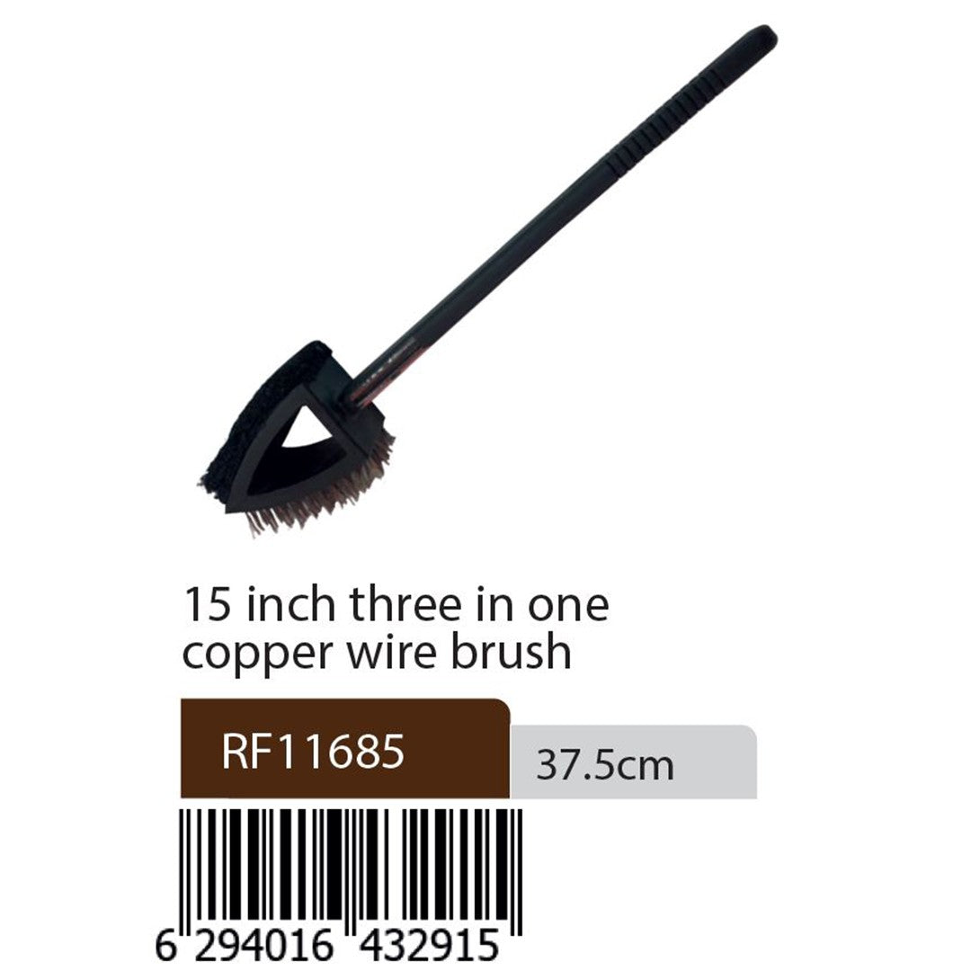 Royalford RF11685 15-inch copper wire brush| 3-in-1 design, durable bristles, and long handle| for heavy-duty cleaning, rust removal, and grease on metal surfaces|