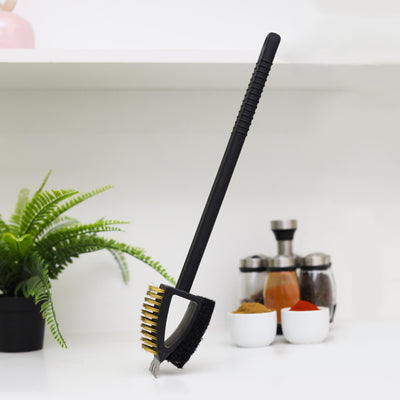 Royalford RF11685 15-inch copper wire brush| 3-in-1 design, durable bristles, and long handle| for heavy-duty cleaning, rust removal, and grease on metal surfaces|