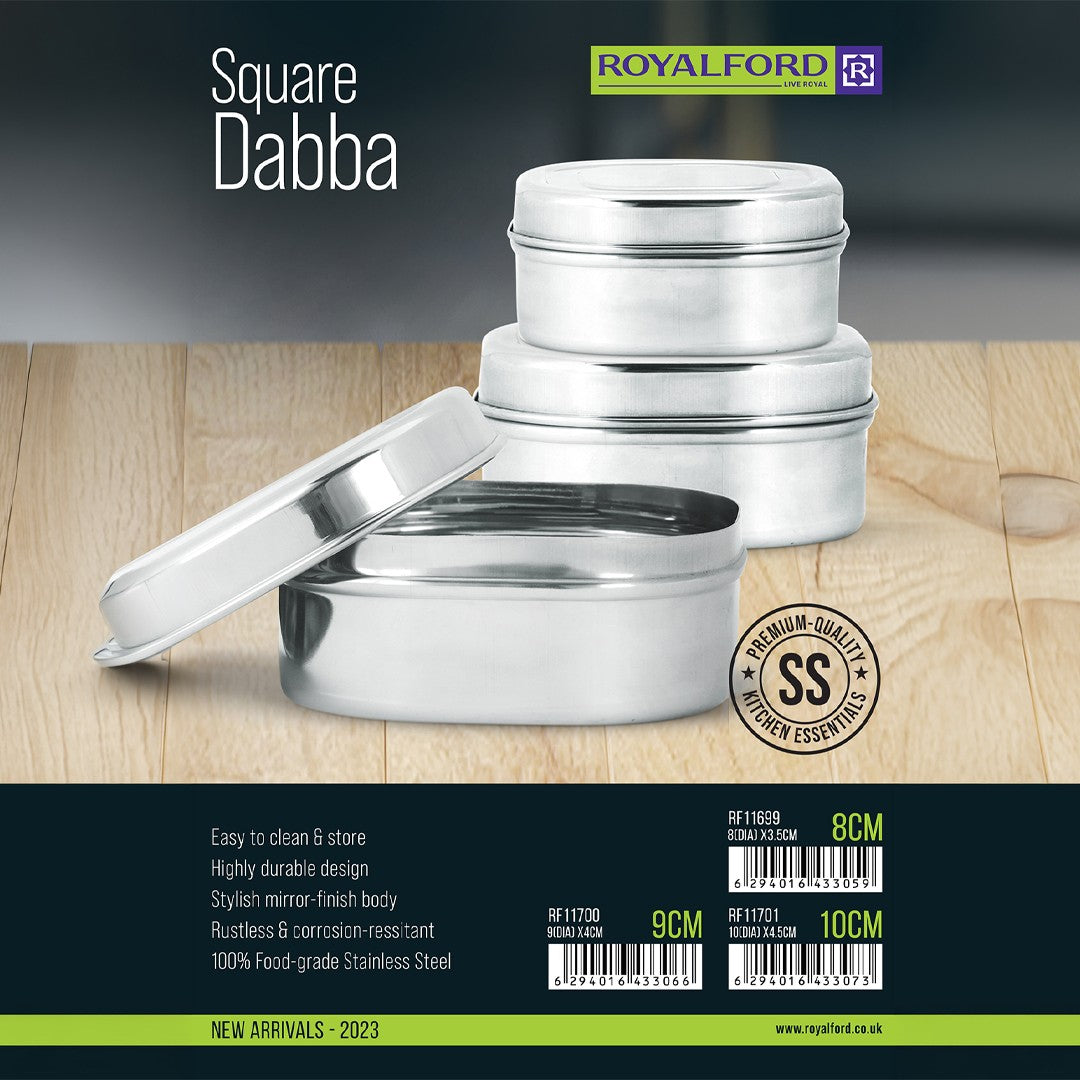 Royalford RF11699 Stainless Steel Square Dabba set| durable food-grade SS, mirror finish & rust-resistant design| stackable storage ideal for kitchen, travel & daily use|
