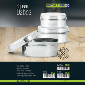 Royalford RF11699 Stainless Steel Square Dabba set| durable food-grade SS, mirror finish & rust-resistant design| stackable storage ideal for kitchen, travel & daily use|