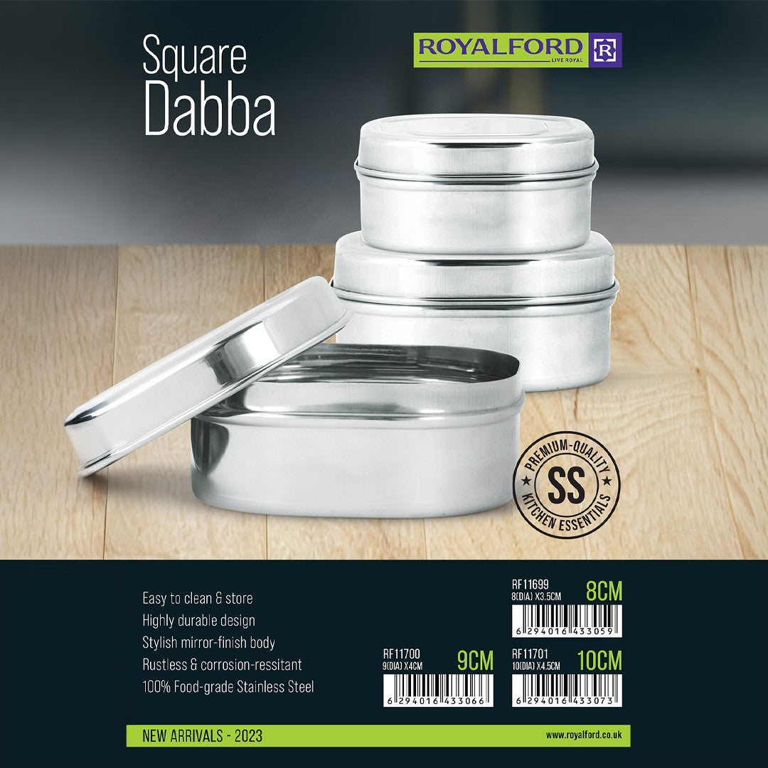 Royalford RF11701 Stainless Steel Square Dabba | 10CM Food Storage Container with Lid | Mirror Finish Rust & Corrosion Resistant Food Grade Kitchen Storage Box