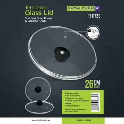 Royalford RF11726 Tempered Glass Lid | 26cm|  Stainless Steel Frame | Steam-Release Vent| Heat-Resistant Bakelite Knob| 3.8mm Thickness | Food-Grade & Dishwasher-Safe