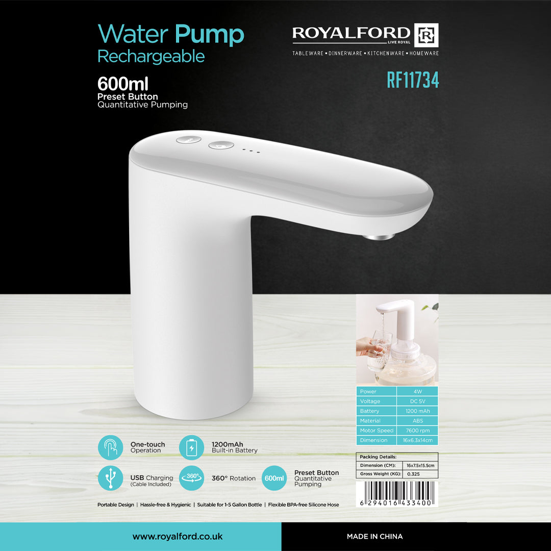 Royalford RF11734 Rechargeable Water Pump 600ml | USB Automatic Water Dispenser with 1200mAh Battery | One-Touch Operation | 360° Rotation for 1–5 Gallon Bottles