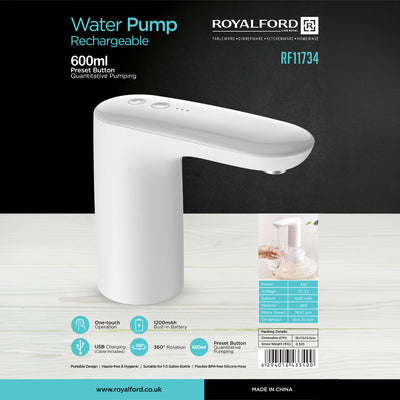 Royalford RF11734 Rechargeable Water Pump 600ml | USB Automatic Water Dispenser with 1200mAh Battery | One-Touch Operation | 360° Rotation for 1–5 Gallon Bottles