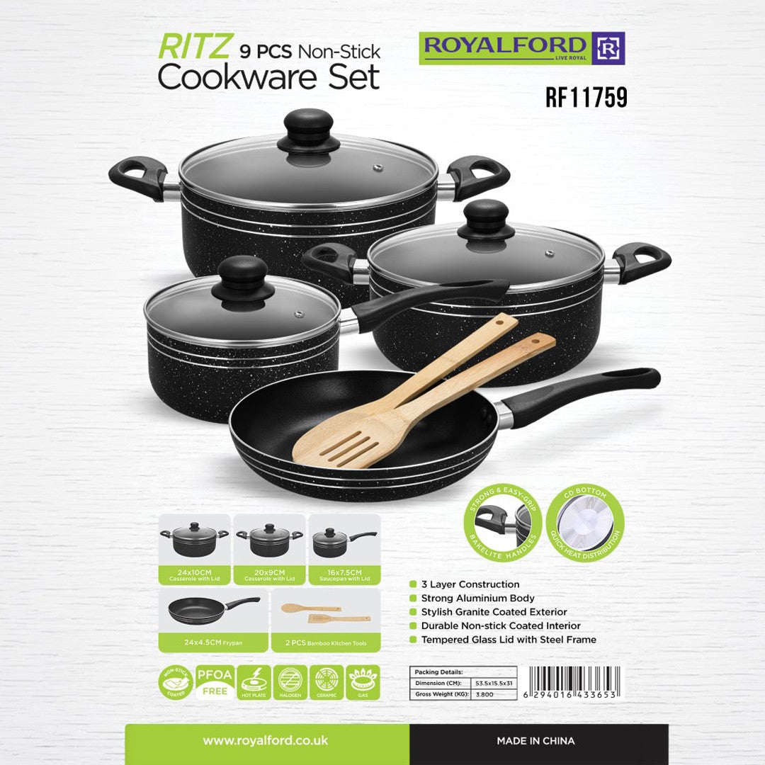 Royalford  RF11759 9 PCS Non-Stick Cookware Set | PFOA-Free Granite Coating| Strong Aluminium Body| Fast-Heating CD Bottom| Tempered Glass Lids & Essential Kitchen Tools