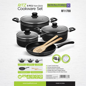 Royalford  RF11759 9 PCS Non-Stick Cookware Set | PFOA-Free Granite Coating| Strong Aluminium Body| Fast-Heating CD Bottom| Tempered Glass Lids & Essential Kitchen Tools
