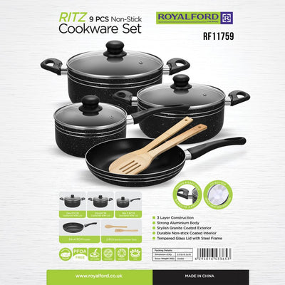 Royalford  RF11759 9 PCS Non-Stick Cookware Set | PFOA-Free Granite Coating| Strong Aluminium Body| Fast-Heating CD Bottom| Tempered Glass Lids & Essential Kitchen Tools