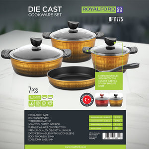 Royalford RF11775 Die Cast Cookware Set 7 Pcs | Premium Non-Stick Die-Cast Aluminium Pots & Frypan with Tempered Glass Lids | Silicone Handles & Thick Base Design