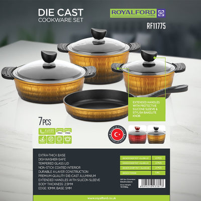 Royalford RF11775 Die Cast Cookware Set 7 Pcs | Premium Non-Stick Die-Cast Aluminium Pots & Frypan with Tempered Glass Lids | Silicone Handles & Thick Base Design