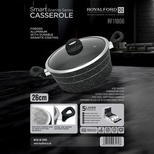 Royalford RF11866 Smart Granite Casserole 26cm with forged aluminium | durable granite non-stick coating, extra-thick induction base, glass lid and cool-touch handles.