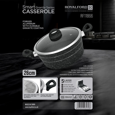 Royalford RF11866 Smart Granite Casserole 26cm with forged aluminium | durable granite non-stick coating, extra-thick induction base, glass lid and cool-touch handles.