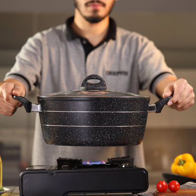Royalford 30 cm Smart Granite Series Casserole- RF11868/ Forged Aluminium Cookware with Nonstick Granite Coating/ Glass Lid and Soft Touch Handles, Perfect for Cooking, Black