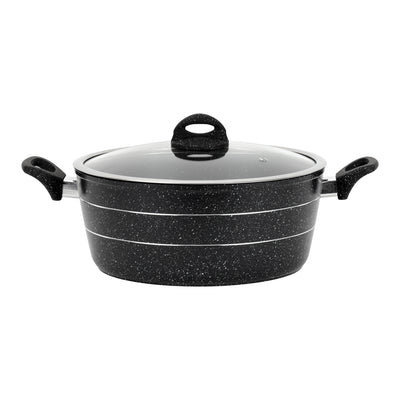 Royalford 30 cm Smart Granite Series Casserole- RF11868/ Forged Aluminium Cookware with Nonstick Granite Coating/ Glass Lid and Soft Touch Handles, Perfect for Cooking, Black