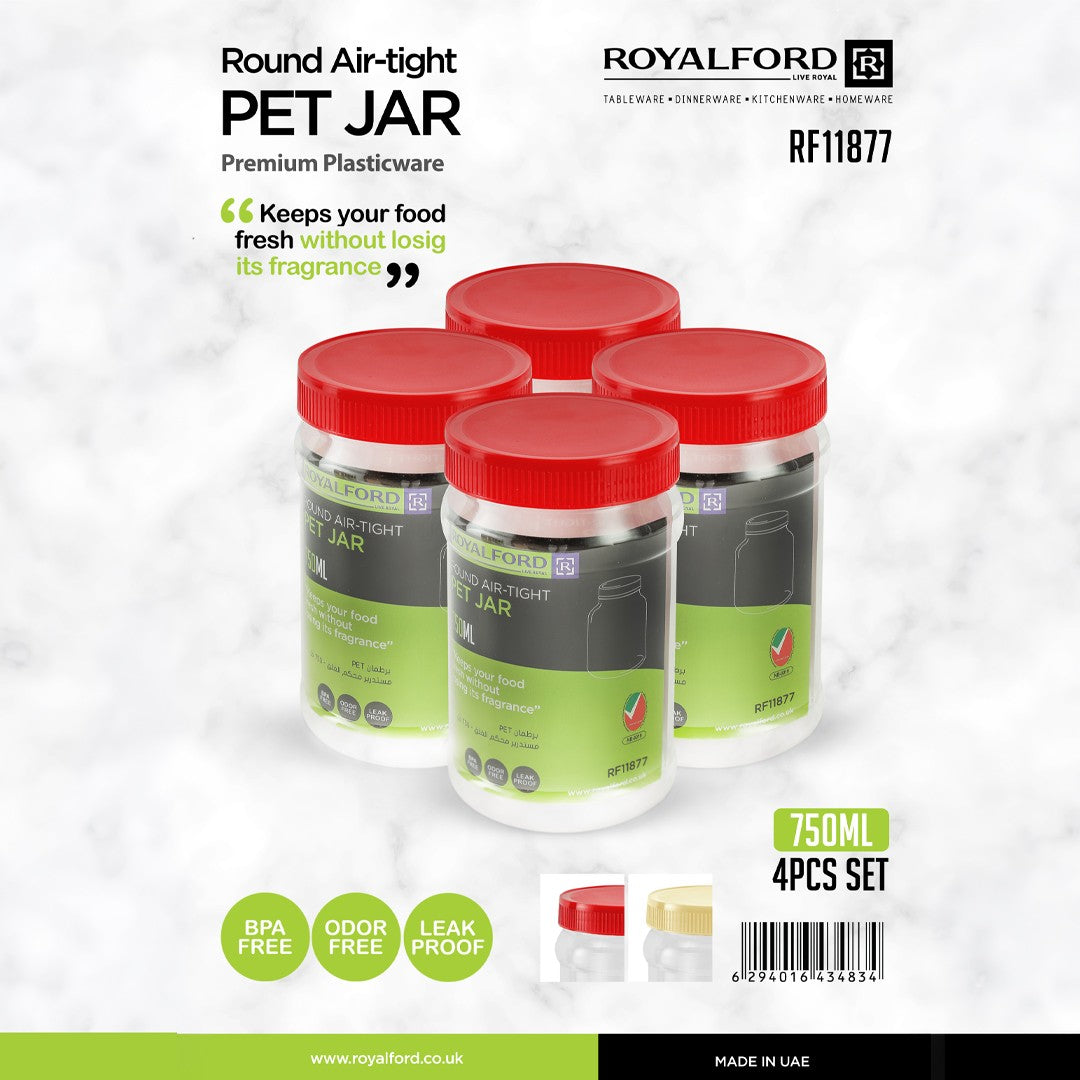 Royalford RF11877 750ML PET Jar Set| 4PCS with airtight lids & BPA-free material| leak-proof & odor-free, ideal for storing grains, snacks & keeping food fresh|