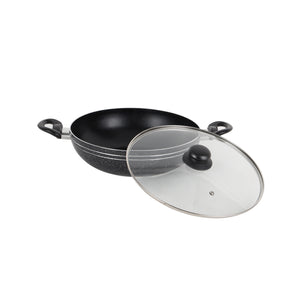 Royalford RF11884 26cm Non-Stick Wok Pan | Tempered Glass Lid | Induction Compatible Aluminium Wok | PFOA Free 3-Layer Coating | Heat-Resistant Handles |Dishwasher Safe