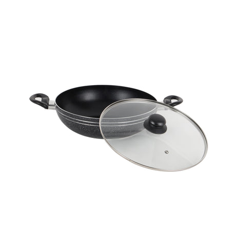 Royalford RF11884 26cm Non-Stick Wok Pan | Tempered Glass Lid | Induction Compatible Aluminium Wok | PFOA Free 3-Layer Coating | Heat-Resistant Handles |Dishwasher Safe