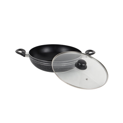Royalford RF11886 Elight 32cm non-stick wok pan with tempered glass lid| induction-compatible base, even heat distribution, bakelite handles for every day usege