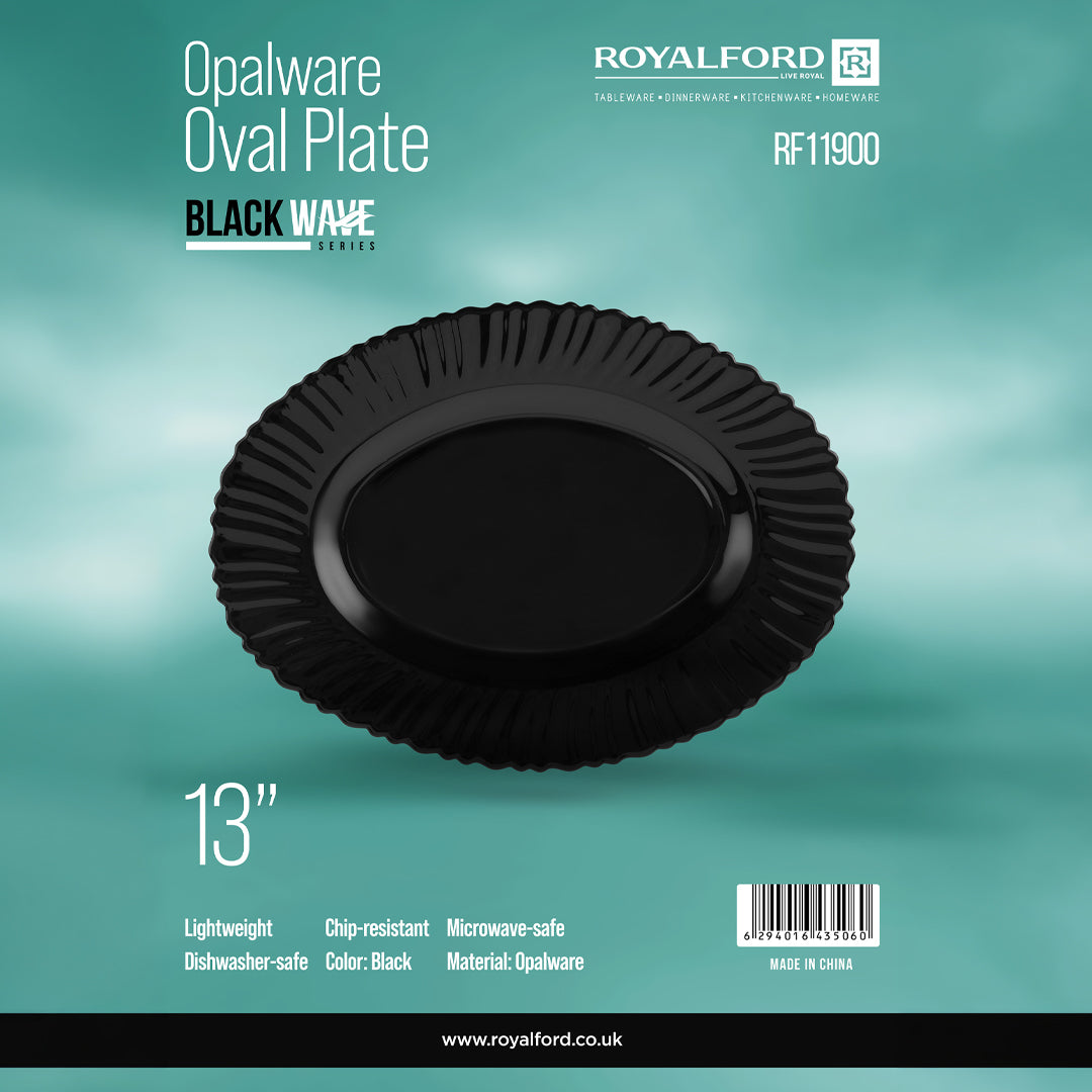 Royalford RF11900 13" opalware oval plate| black wave design, lightweight & chip-resistant| microwave and dishwasher safe, ideal for everyday dining and serving meals|