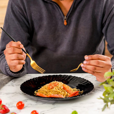 Royalford RF11901 10.5" Opalware Dinner Plate| stylish black wave design & chip-resistant build| lightweight body & is microwave, dishwasher safe for daily use|