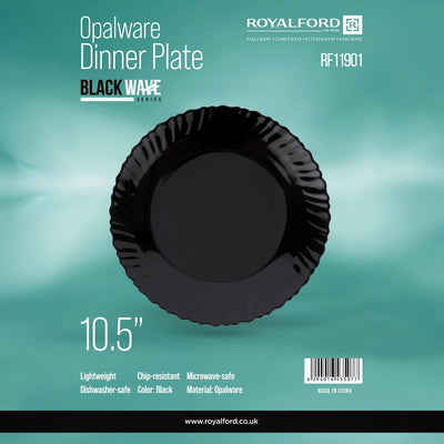 Royalford RF11901 10.5" Opalware Dinner Plate| stylish black wave design & chip-resistant build| lightweight body & is microwave, dishwasher safe for daily use|