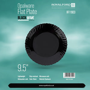 Royalford RF11903 9.5" Opalware Flat Plate| elegant black wave design & chip-resistant durability| lightweight & is microwave & dishwasher safe for everyday use|