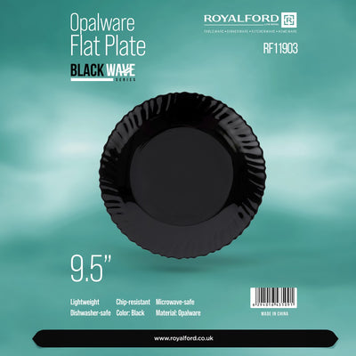 Royalford RF11903 9.5" Opalware Flat Plate| elegant black wave design & chip-resistant durability| lightweight & is microwave & dishwasher safe for everyday use|