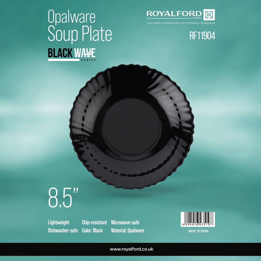 Royalford RF11904 Opalware Soup Plate | 8.5 Inch Black Wave Series Deep Bowl, Lightweight Chip Resistant, Microwave & Dishwasher Safe  Serving Plate For Home & Kitchen Use