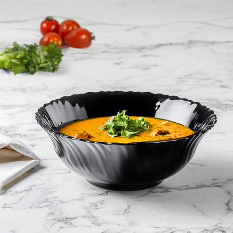 Royalford RF11906 8" Opalware Salad Bowl| stylish black wave design & chip-resistant durability| lightweight build & is microwave & dishwasher safe for daily use|