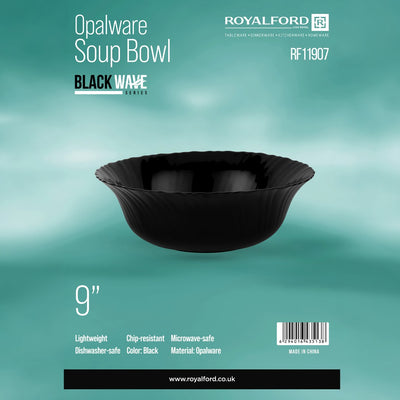 Royalford RF11907 9" opalware soup bowl| black wave design, lightweight & chip-resistant| microwave and dishwasher safe, ideal for serving soups, salads, and daily meals|