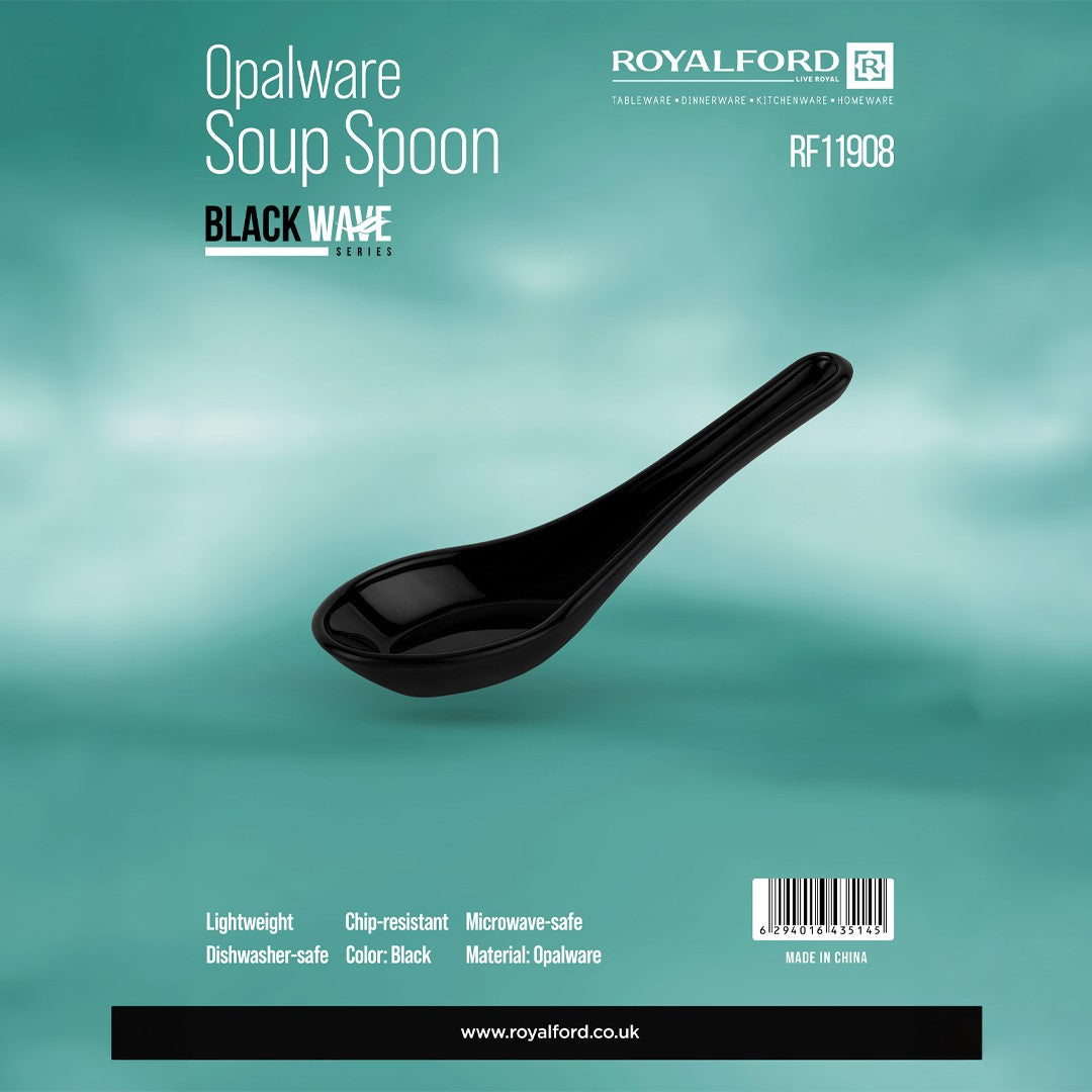 RoyalFord RF11908 Opalware Soup Spoon | Black Wave Series | Lightweight, Chip Resistant , Microwave & Dishwasher Safe | Durable Serving Spoon for Soup & Dining Use