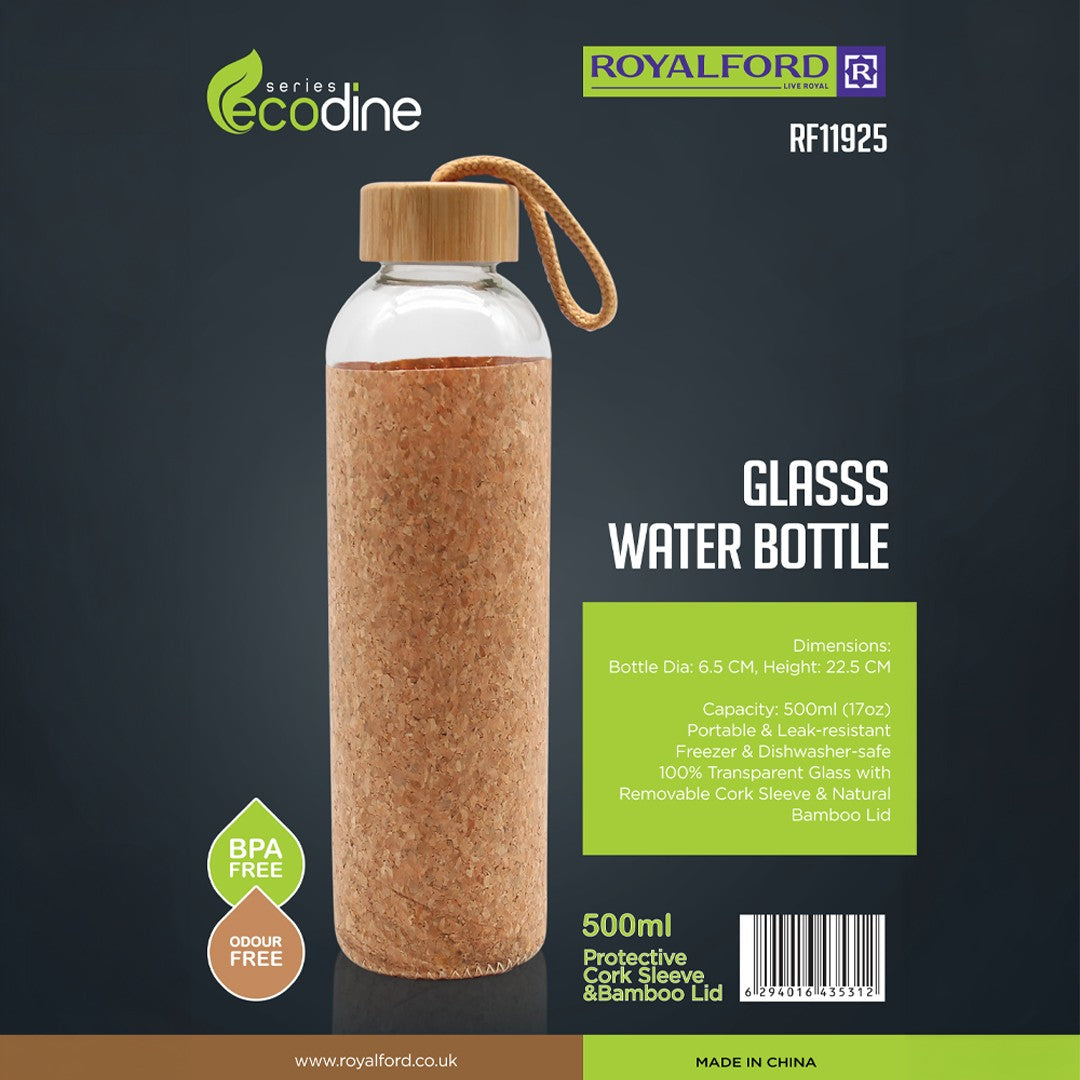 Royalford RF11925 glass water bottle 500ml| cork sleeve and bamboo lid with BPA-free, leak-resistant| durable, eco-friendly design, ideal for travel, office, & daily use|