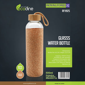 Royalford RF11925 glass water bottle 500ml| cork sleeve and bamboo lid with BPA-free, leak-resistant| durable, eco-friendly design, ideal for travel, office, & daily use|
