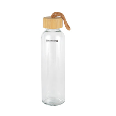 Royalford RF11925 glass water bottle 500ml| cork sleeve and bamboo lid with BPA-free, leak-resistant| durable, eco-friendly design, ideal for travel, office, & daily use|