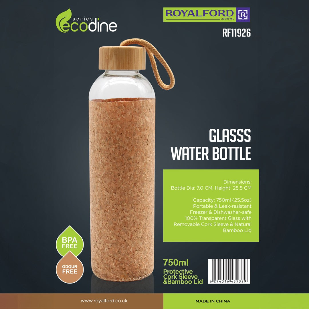 Royalford RF11926 Glass Water Bottle 750ML | Protective Cork Sleeve & Natural Bamboo Lid| BPA Free Leak Resistant  Reusable Drinking Bottle for Travel, Gym & Office