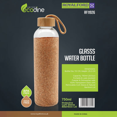 Royalford RF11926 Glass Water Bottle 750ML | Protective Cork Sleeve & Natural Bamboo Lid| BPA Free Leak Resistant  Reusable Drinking Bottle for Travel, Gym & Office
