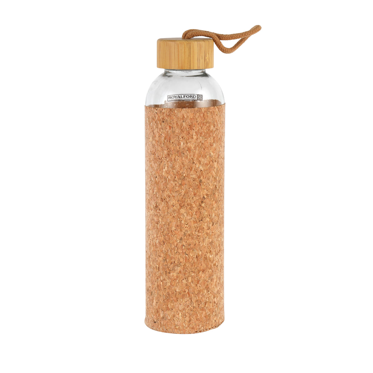 Royalford RF11926 Glass Water Bottle 750ML | Protective Cork Sleeve & Natural Bamboo Lid| BPA Free Leak Resistant  Reusable Drinking Bottle for Travel, Gym & Office