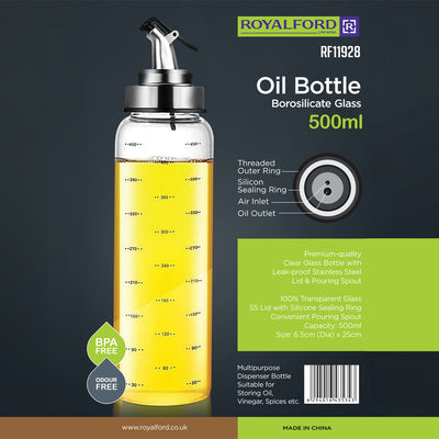 Royalford RF11928 Oil Bottle | 500ml Borosilicate Glass Dispenser | Stainless Steel Pouring Spout |  BPA Free Kitchen Oil & Vinegar Bottle with Measurement Markings