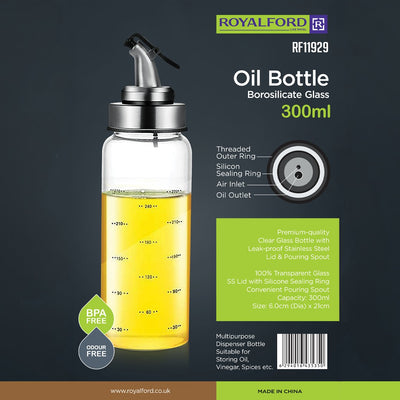 Royalford RF11929 oil bottle 300ml| made of borosilicate glass & stainless steel pouring spout| leak-proof design, BPA-free, ideal for oil, vinegar, sauces & kitchen use|