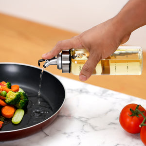 Royalford RF11929 oil bottle 300ml| made of borosilicate glass & stainless steel pouring spout| leak-proof design, BPA-free, ideal for oil, vinegar, sauces & kitchen use|