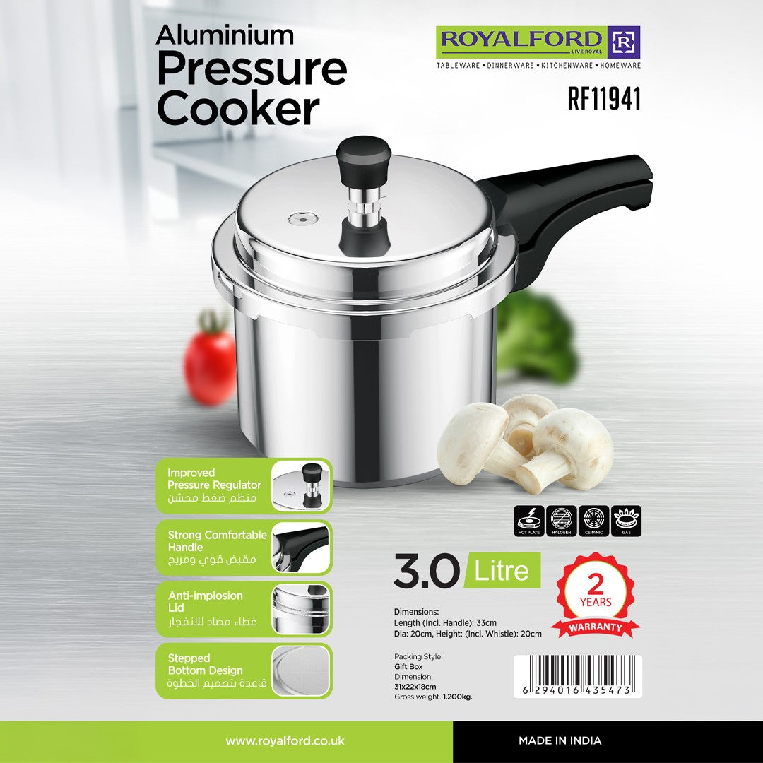 Royalford RF11941NS 3L Aluminium Pressure Cooker | Improved Pressure Regulator | Anti-Implosion Lid | Stepped Bottom Design | Strong Ergonomic Handle | 2-Year Warranty