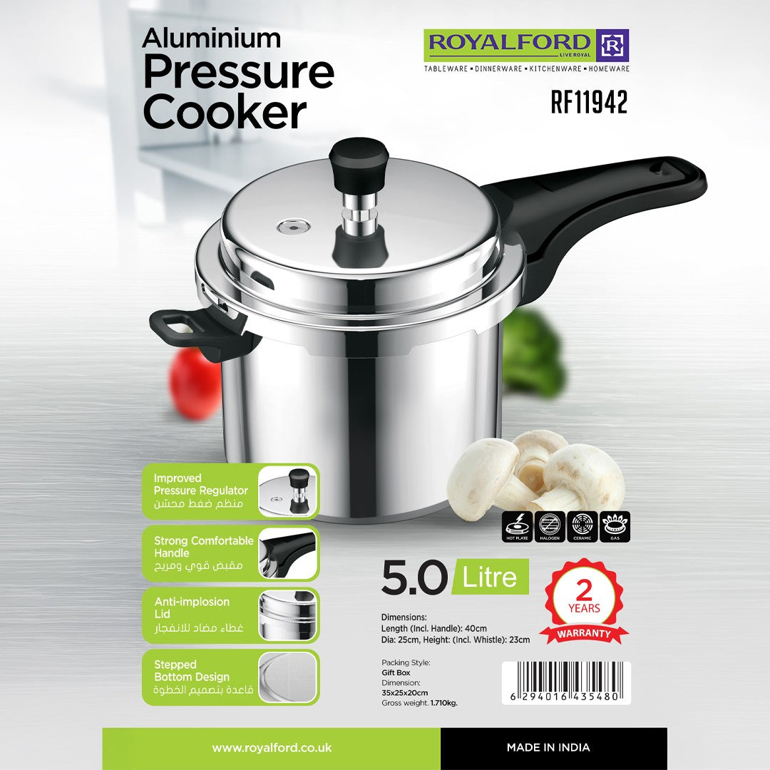 Royalford RF11942NS 5 litre aluminium pressure cooker with improved pressure regulator | anti-implosion lid, strong handle, even heating and multi-cooktop compatibility
