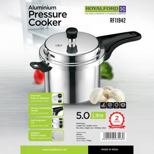 Royalford RF11942NS 5 litre aluminium pressure cooker with improved pressure regulator | anti-implosion lid, strong handle, even heating and multi-cooktop compatibility