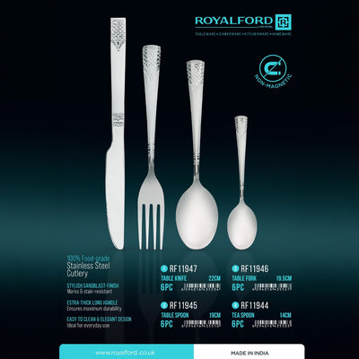 Royalford RF11944 24PCS stainless steel cutlery set| non-magnetic, food-grade material & sandblast finish| durable long handles, rust-resistant and for everyday|
